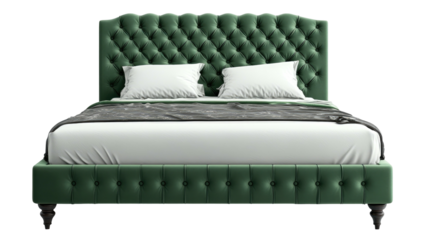 Emerald green tufted bed with pillows and a gray throw blanket