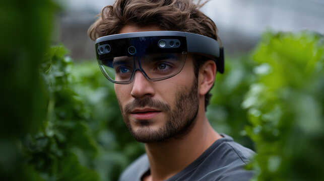 Man wearing smart glasses in a lush greenhouse setting