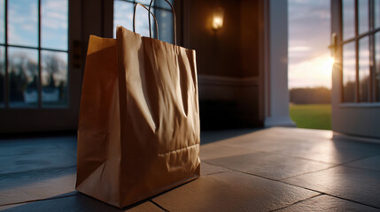 Sunset light shines on paper bag at entrance during evening hours