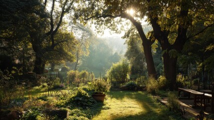 Obraz premium Serene Garden Scene with Morning Light Filtering Through Trees, Lush Greenery, and Tranquil Pathway in the Background