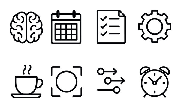 Icon set: brain, calendar, checklist, gear, coffee, focus, arrows, alarm clock on dark background