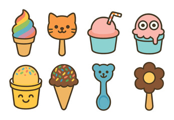 Fototapeta premium Colorful cartoon ice creams: cute cones, popsicles, adorable faces, and fun designs