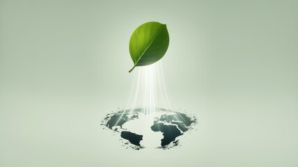 A green leaf floating above a stylized earth with light rays on a light green background studio shot