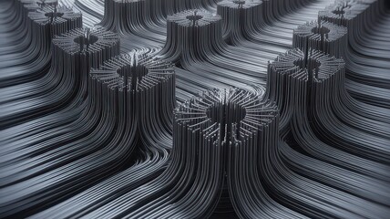 A detailed close up of an abstract arrangement of metal rods and flowing lines in a dark setting