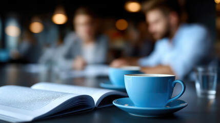 Fototapeta premium Meeting at a cafe with coffee and a book in focus