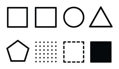 Collection of geometric shapes: square, circle, triangle, pentagon, patterns, dotted, dashed