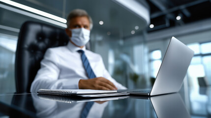 Business meeting in modern office with masked professional