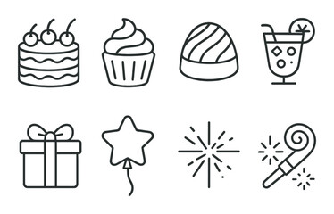 Dessert and celebration icons: cake, cupcake, praline, cocktail, gift, balloon, sparkler, candy cane