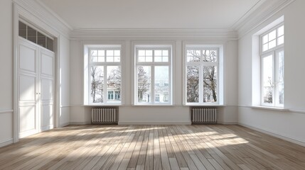 Fototapeta premium Bright and Spacious Empty Room with Large Windows and Wooden Floor for Interior Design Ideas and Home Decor Inspiration