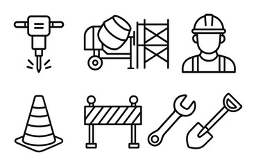 Construction tools and safety gear icons with worker outline on dark background