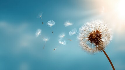 Fototapeta premium Delicate Dandelion Seeds Floating in a Clear Blue Sky at Sunset, Nature's Beauty Captured in Vibrant Detail, Breezy, Peaceful Atmosphere