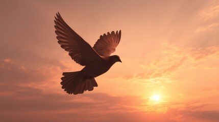 Obraz premium Majestic Bird in Flight Against a Dramatic Sunset Sky with Soft Clouds and Warm Glows Capturing a Serene Moment of Nature's Beauty