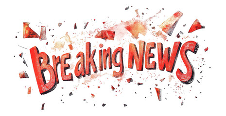 Breaking News" text explodes into fragmented pieces with red and white colors