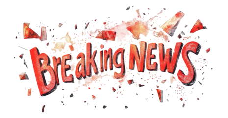 Breaking News" text explodes into fragmented pieces with red and white colors