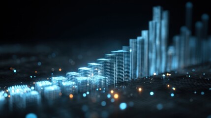 Abstract digital data visualization with glowing bars, representing growth, technology, and analytics in a futuristic environment
