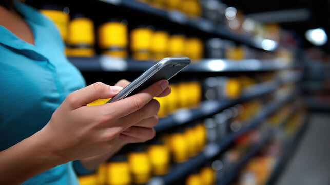 Shopping in a grocery store while using a smartphone - Powered by Adobe