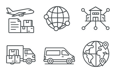 Logistics and transportation icons: airplane, globe, warehouse, truck, van, network connections