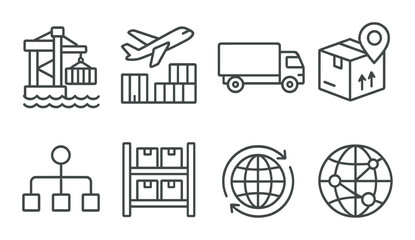 Logistics and supply chain icons: transportation, delivery, and global distribution