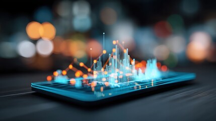 Advanced data visualization on smartphone screen showcasing digital graphs and analytics over blurred background of urban night lights