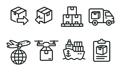 Logistics icons: delivery, shipment, transportation, and packaging symbols