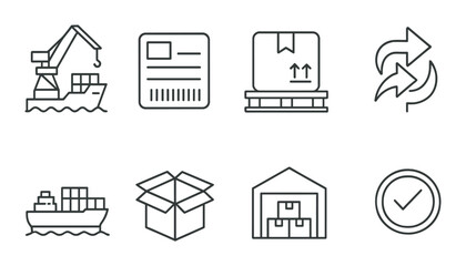 Logistics and shipping icons: cargo ship, barcode, packaging, warehouse, arrows