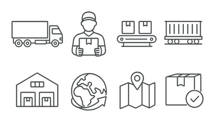 Logistics icons: delivery truck, warehouse, conveyor, global shipping, package handling