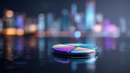 Vibrant Circular Chart on Water Surface in a Modern Cityscape Reflection at Night, Illustrating Business Growth and Financial Analysis