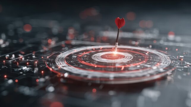 Precision Targeting Concept with Dart Hitting Center of Digital Bullseye Surrounded by Futuristic Data Elements and High-Tech Visuals - Powered by Adobe