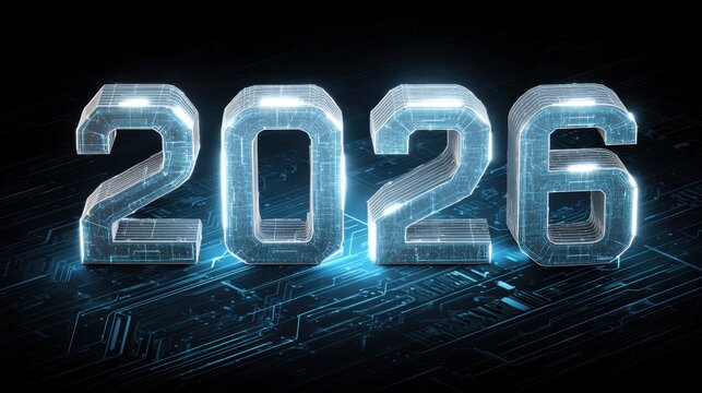 Glowing futuristic numbers representing the year 2026 in a digital landscape with technology and circuit patterns for advanced concepts and innovation themes