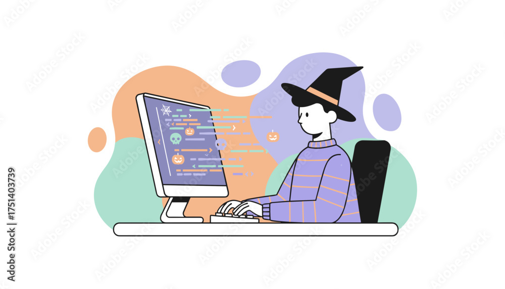 Wall mural coder in witch hat develops halloweenthemed software seasonal tech work and spooky digital concept