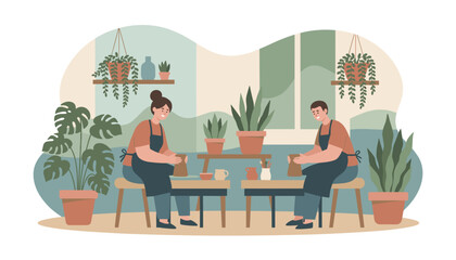 Happy couple enjoying a pottery workshop crafting ceramics amidst lush plants Creative hobby