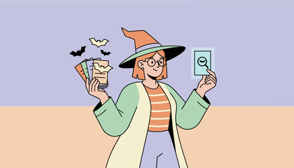Woman in witch hat holding batthemed books and magnifying glass exploring Halloween concepts