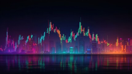 Vibrant City Skyline with Colorful Financial Chart Overlay at Night with Reflections on Calm Water, Representing Growth and Market Trends
