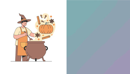 Man in witch hat stirs a cauldron with pumpkin cinnamon and spices for a cozy autumn brew