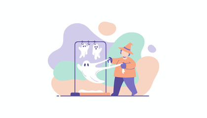 Person in witch hat preparing Halloween ghost decorations Festive spooky season activities