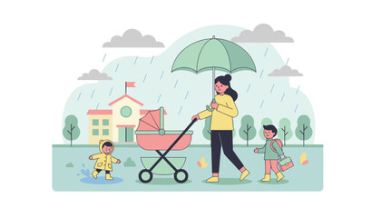 Mother walking children in the rain with an umbrella happy family lifestyle and childcare