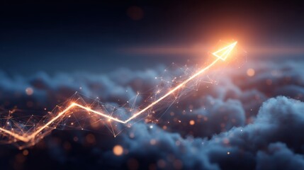 Abstract image depicting a glowing arrow rising above clouds, symbolizing growth, progress, success, and financial trends in a digital landscape