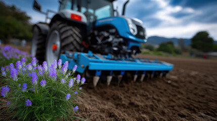 Farmer using tractor to till soil among blooming flowers