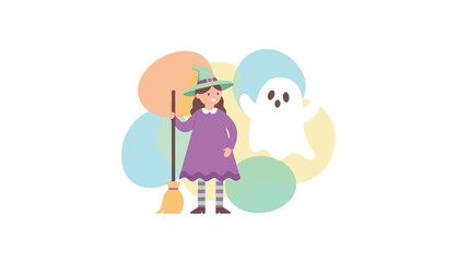 Cheerful witch and friendly ghost celebrating Halloween Perfect for childrens events holiday themes