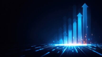 Abstract digital visualization of financial growth with glowing blue arrows representing increasing statistics in a futuristic environment