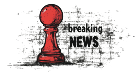 Red chess pawn, "breaking news" text, splattered background