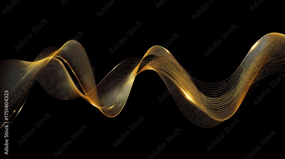 Wall mural abstract golden wave design with flowing lines and luminous effects against a black background for c