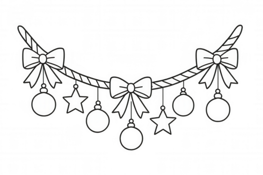 Christmas garland decoration with festive bows, hanging ornaments and stars, white line art on transparent background