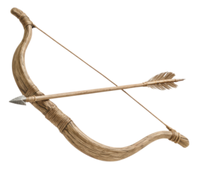 Ancient wooden bow with a stone-tipped arrow and feather fletching, a rustic handmade hunting weapon, Isolated on Transparent and White Background