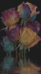 Colorful roses reflecting on water with vibrant petals in an artistic floral arrangement - Low Contrast