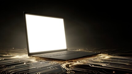 Modern Laptop with Bright Screen on Futuristic Circuit Board Background in Dark Setting for Technology and Innovation Themes