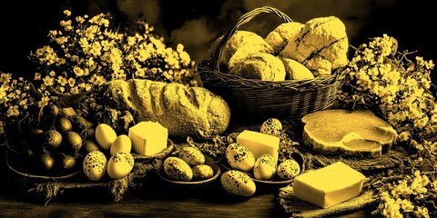 Easter food spread with bread, eggs, cheese, and floral decorations on a rustic table setting