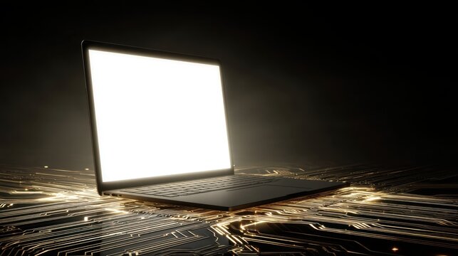 Modern Laptop with Bright Screen on Futuristic Circuit Board Background in Dark Setting for Technology and Innovation Themes - Powered by Adobe