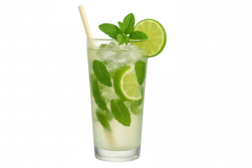 Mojito cocktail refreshing summer drink with lime, mint, ice, and straw isolated on transparent background