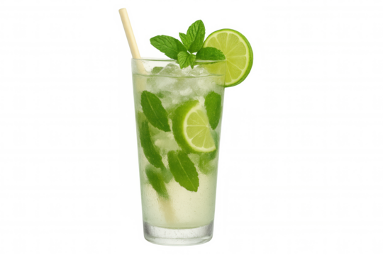 Mojito cocktail refreshing summer drink with lime, mint, ice, and straw isolated on transparent background